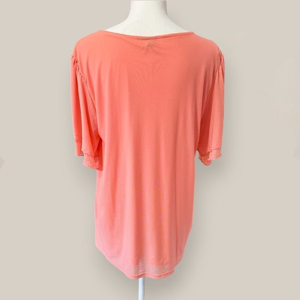 TorridâStretch Mesh & Challis Coral Crew Neck Flutter Sleeve Top Sz 1X - Picture 8 of 11